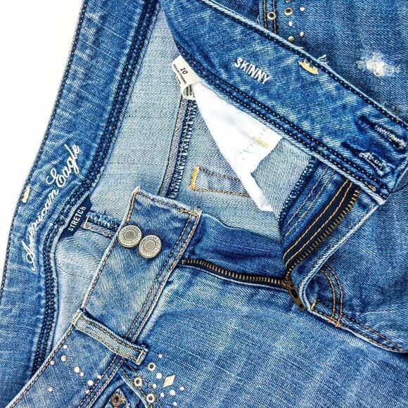 AEO Skinny Stretch Blue Jeans Studded Distressed Sz 10 - Picture 4 of 11